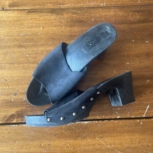 Vintage Women's Y2K 90s Bongo Leather Wood Open Toe Clogs Heels Black Sz 9 Italy